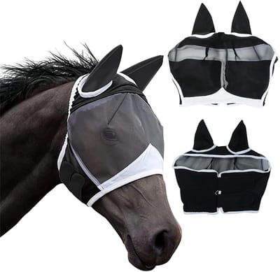Comfortabele Vliegmasker voor Paarden met UV-bescherming, Rekbare Ogen en Oren - Zwart (M) tegen Muggen en Insecten