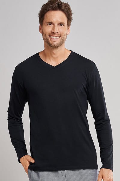 SCHIESSER Mix+Relax T-shirt - heren shirt lange mouwen v-hals zwart
