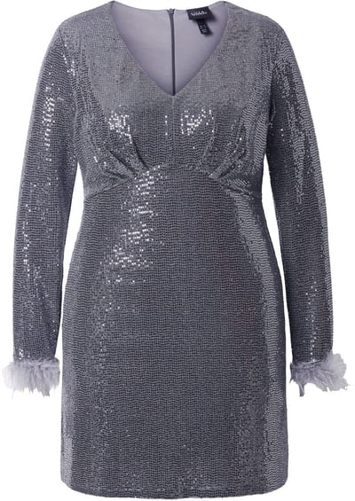 Ulla Popken - Dames - Bodyconjurk pailletten lange mouwen met fraaie veren - Zilver - Maat 42
