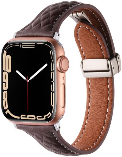 Leren bandje - geschikt voor Apple Watch series 1/2/3/4/5/6/7/8/9/10/11/ SE (1,2,3) / Ultra (1,2,3) met maat 44 mm / 45 mm / 46 mm / 49 mm - magneet sluiting met ruit patroon - bruin