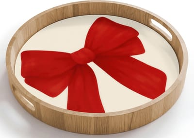 Dienblad rond 40x40 cm - Schootdienblad hout - Strik - Symmetrisch - Rood - Lint - Borrelplank rechthoek - Plateau houten dienbladen
