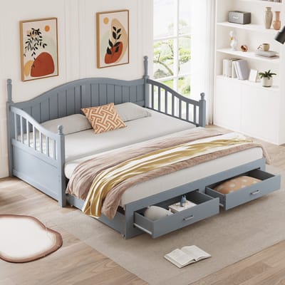STILVORA Logeerbed 90/180x190 cm - Praktisch Uitklapbaar Bed Met Veel Opbergruimte - Grenenhout - Grijs
