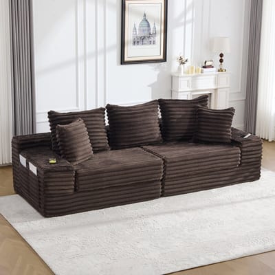 MODENUIT Slaapbank 273 x 98 cm - Met Zijvakken en Bekerhouders - Voor Woonkamer en Logeerkamer - Ribstof - Koffiebruin