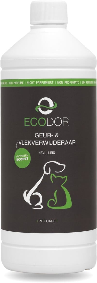 Ecodor Geur- & Vlekverwijderaar Navulling 1 Liter - Vlekverwijderaar voor Hond, Kat en Knaagdier - Enzymreiniger - Ongeparfumeerd