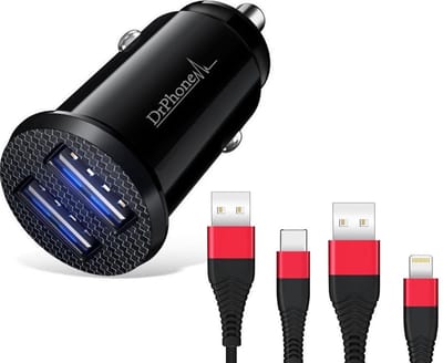 DrPhone Invisible 5V 2.4A - 10W Mini Lader met dubbele USB - Auto Oplader + 1.2 Meter USB C & 1.2M Lightning Nylon Gevlochten Oplaadkabels