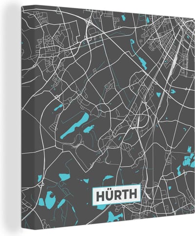 Canvas Schilderij Kaart – Plattegrond – Stadskaart – Hürth – Duitsland – Blauw - 20x20 cm - Wanddecoratie
