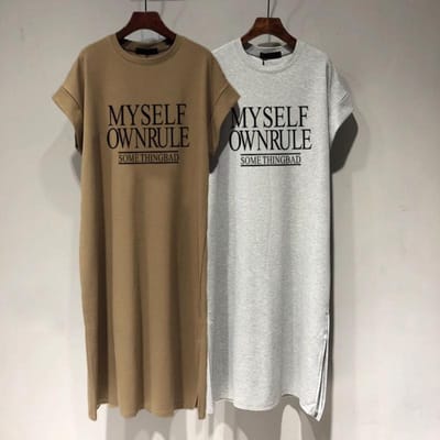 Puur Katoen Korte Mouwen T-shirt Lange Rok Dames Nieuw Middellang en Lang Koreaanse Versie Losse Casual Grote Maten Kleine Vliegmouwtjes Jurk M gray
