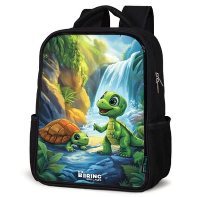 NoBoringSuitcases.com® - Rugzak zwart - Schooltas jongen & meisje - Schildpad en dino bij waterval in tropisch bos - Rugtas voor school - Boekentas kind - Schoolrugzak - Kinderrugzak