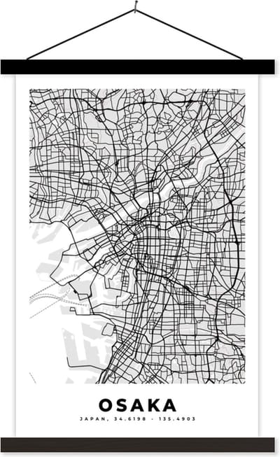 Posterhanger incl. Poster 40x60 cm - Schoolplaat - Osaka - Stadskaart - Zwart Wit - Plattegrond - Kaart - Textielposter - Zwarte latten - Stadskaart