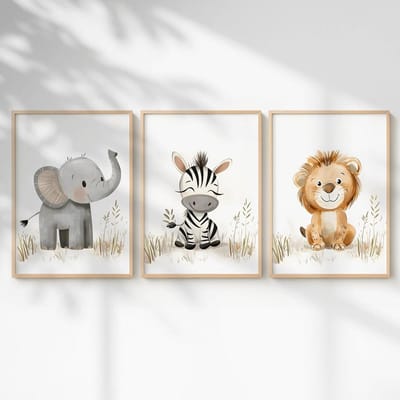 Dailygoods- Posterset 3-delig Jungle - Wanddecoratie Kinderen - A3 Formaat - Aquarelillustraties - Dieren zoals Olifant, Zebra, Leeuw
