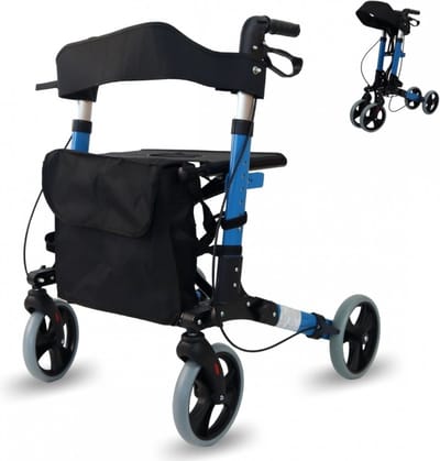 Mobiclinic Trajano - Rollator - Lichtgewicht en opvouwbaar - Tot 100 kg - 4 wielen - Looprek met wielen - Met zitje en tas - Wandelstok houder - Aluminium - Verstelbaar - Blauw