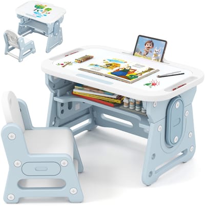 COSTWAY Kinderbureauset met stoel, kindertafel incl. kantelbaar whiteboard, boekenstandaard en concave plank, bureau-kinderstoel voor jongens en meisjes vanaf 3 jaar (blauw)