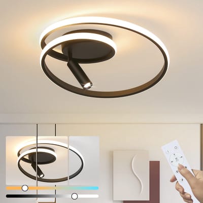 NETTLIFE Plafondlamp LED – Rond - Zwart – met 1-Lichts Spot - Metaal – Dimbaar - 37W - Moderne Plafondverlichting – Met Afstandsbediening – voor Woonkamer | Slaapkamer | Eetkamer – 40cm