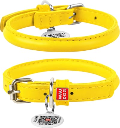 WAUDOG Glamour Rolled Halsband - Rond leder - Gratis QR-tag - Geel - XS - Diameter: 8 mm - Nekomtrek: 20 - 25 cm (GELIEVE VOORAF BESTELLEN OPMETEN)