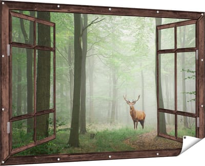 Gards Tuinposter Doorkijk Hert in Bos - 180x120 cm - Tuindoek - Tuindecoratie - Wanddecoratie buiten - Tuinschilderij