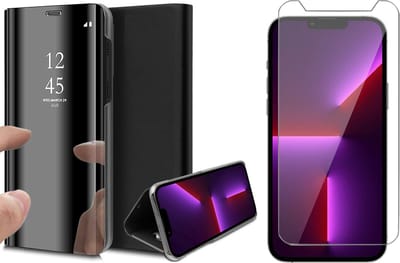 Hoesje geschikt voor iPhone 13 Pro en Screenprotector - Spiegel Book Case - Zwart