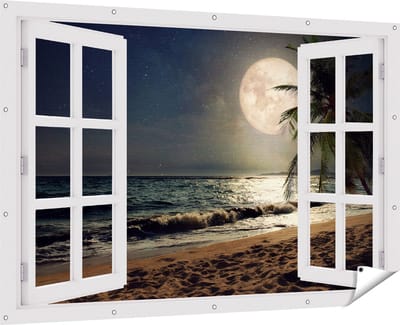 Gards Tuinposter Doorkijk Tropisch Strand in de Nacht met Volle Maan - 180x120 cm - Tuindoek - Tuindecoratie - Wanddecoratie buiten - Tuinschilderij