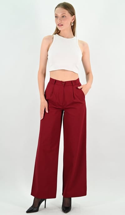 YesMooi - Wijde Broek met Hoge Taille - %100 Katoen - Bordeaux - S (36)