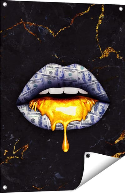 Gards Tuinposter Dollar Lippen met Goud - 60x80 cm - Tuindoek - Tuindecoratie - Wanddecoratie buiten - Tuinschilderij