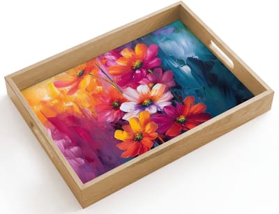 Dienblad hout 40x30 cm - Schootdienblad - Felle bloemen - Dynamisch - Levendig - Borrelplank rechthoek - Plateau dienbladen