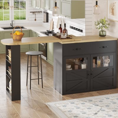 Gutent Uitschuifbare bartafel - met opbergruimte (138-204 x 39 x 104 cm) - 360° draaibaar - met legplank - Zwart