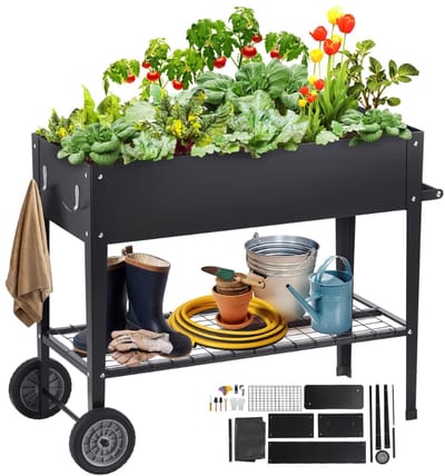 SNJY® Kweektafel - Kweekbak op Poten - Moestuinbak Verhoogd - Met Wielen - 50D x 110B x 80H cm - Zwart