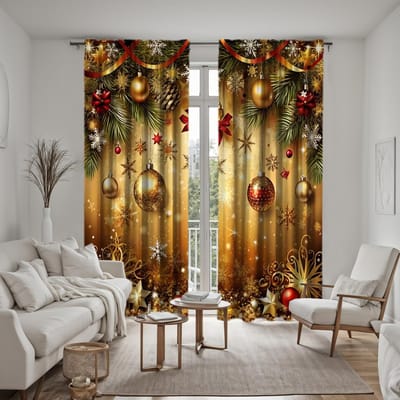2-delige HD digitale gordijnen bedrukt geel stropdas kerst druppelbal latte woondecoratie stijl Versier woonkamer slaapkamer dragen W52H63inchW132H160cm brown