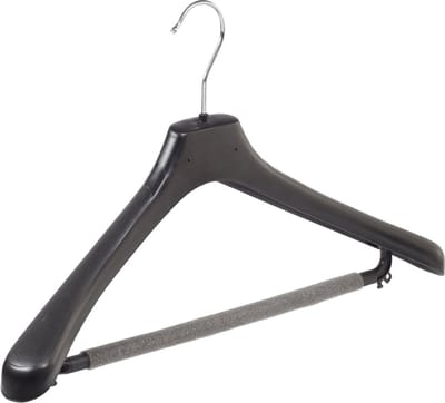 De Kledinghanger Gigant - Mantelhanger - Kostuumhanger - Jassenhanger - Volwassenen - LX45 - 50 Stuks - Kunststof - Zwart - Gebogen Model - Schouderverbreding 4,2 cm - Broeklat met Schuim - 45 cm - Kledinghanger - Kleerhanger - LX-Serie