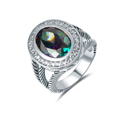 Quiges - Ring Klassiek in Vintage Stijl Solitair met Zirkonia Kristal Multi Kleur Ovaal - 925 Zilver - QSR07117