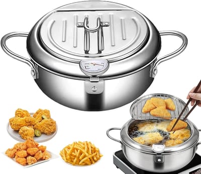 Roestvrijstalen Frituurpan - Friteuse Pot - Frituren van Snacks - Met Geïntegreerde Thermometer - 20 cm - Zilver