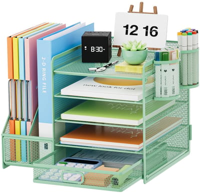Bureau Organizer met Ordnerhouder,5 Lagen Brievenbakje,Bureau-Opbergvak met Lade en 2 Pennenhouders,Mesh Bureau-Accessoires,Tijdschriftenhouder Voor Huis Kantoor (Groen)