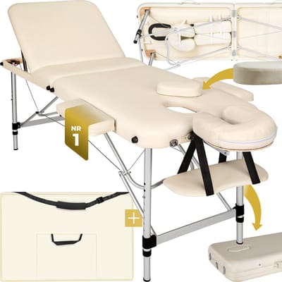 tectake® 3-Zones Massagetafel - 61cm Breed - Behandelbank met 5cm Dikke Vulling en Aluminium Frame - Opvouwbare Behandel- en Massagetafel - Inclusief Opbergtas - Max Draagvermogen 250kg - Beige