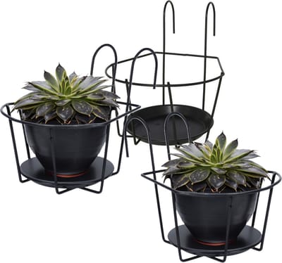 Gerimport Balkon bloempothouder - 3x - bloembak met ophanging - zwart metaal - 24 x 18 x 17 cm - rond - Balkonbakken