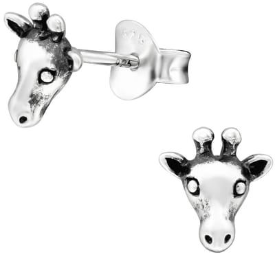 Joy|S - Zilveren giraf oorbellen - oorknopjes - geoxideerd - giraffe kop / snuitje - 7 mm - kinderoorbellen