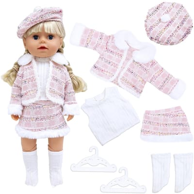 Dailygoods- Poppenkleding Handgemaakt - Outfitset 35-45 cm - Roze Jas/Rok - Inclusief Sokken/Kleerhangers - Zacht Katoen - Poppenoutfit