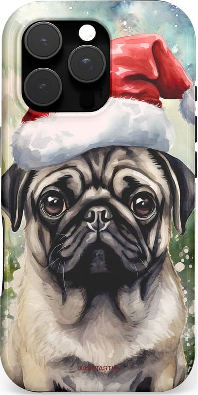 Casetastic hoesje geschikt voor Apple iPhone 16 Pro - MagSafe - Dubbellaagse bescherming - Aquarel Kerstmis Pug Hond - Fashion Case - Grijs Taupe Donkergrijs Saliegroen