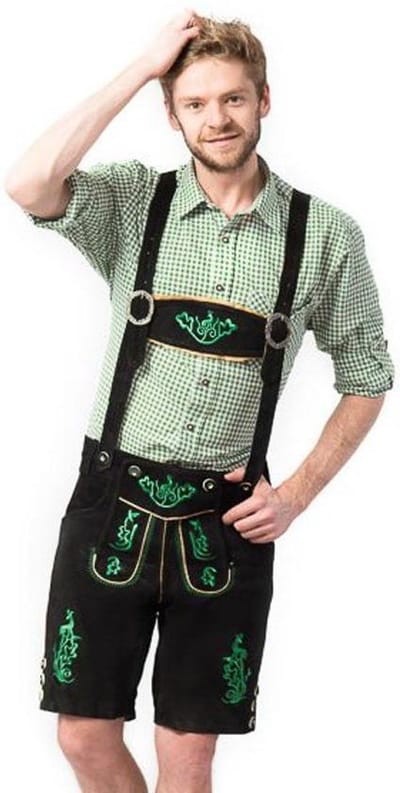 Tannhauser Lederhosen Otto Kort 100% Echt Leder Heren Oktoberfest Heren Carnavalskleding Heren Lederhosen Man - Leer- Zwart/ Groen- M