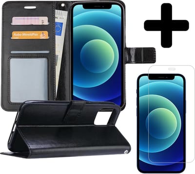 Hoesje - Met Screenprotector - Geschikt voor Apple iPhone 12 - Luxe Pasjeshouder - Flipcase - Bookcase Portemonee - Flip Case - Kunstleer Book Case - Book Cover - Walletcase - Portemonneehoes - Telefoonhoes - Zwart