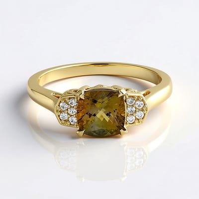 Cavill - 9K Geelgouden Ring met 1,274 ct Gele Tanzaniet en 0,105 ct Witte Saffieren Pavé - Antiek Kussen Slijpsel - Elegante, Exclusieve Sieraden