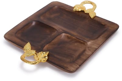 Dienblad van natuurlijk hout met metalen handvat in bloemendesign, dienblad, woonaccessoires voor de salontafel en eettafel, bruin (groot) (vierkant)