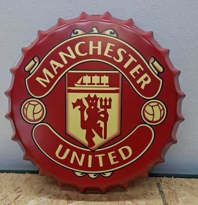 FC Manchester Metalen bierdop wandbord - 35cm Rond - Mancave - Wand Decoratie - Metal sign - Mancave decoratie - Decoratie - Metalen bierdoppen - Tekst borden - Metalen bord