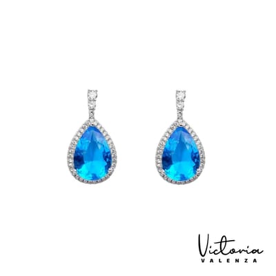 Victoria Valenza Cologne Luxe Oorbellen Dames Messing Oorhangers Dames Oorringen - Blauwe Steen - Kleur Zilver - 1 Paar