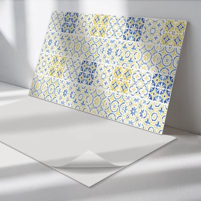 Wallfluent Vinyl Wandpaneel - Mozaïekpatroon met ornamenten PVC Muurpaneel - 100 cm x 50 cm - Blauw PVC wandpaneel - 1 stuk - Rechthoekig Wandbekleding Vinyl - Texturen Wandpaneel - Zelfklevende Wandbekleding - Wandpaneel Keuken en Badkamer