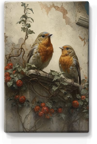 Twee roodborstjes voor oude muur - Handgelakt - 19,5 x 30 cm - Niet van echt te onderscheiden schilderijtje op hout - Mooier dan een print op canvas - Laqueprint.