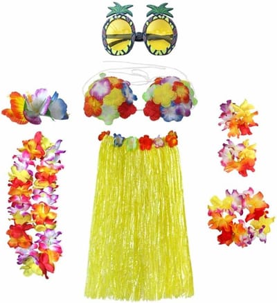 Hula Rok Kostuum Set voor Volwassenen met Bloemen Bikini Top, Hibiscus Haarclip en Ananas voor Tropische Feestjes, Zomer Strand en Hawaii Thema Party Decoratie - Geel