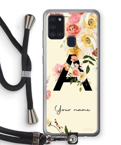 Gepersonaliseerd - Case Company® - Hoesje met koord geschikt voor Samsung Galaxy A21s hoesje met Koord - Flirty Flowers Monogram - Telefoonhoesje met Zwart Koord - Bescherming aan alle Kanten en Over de Schermrand