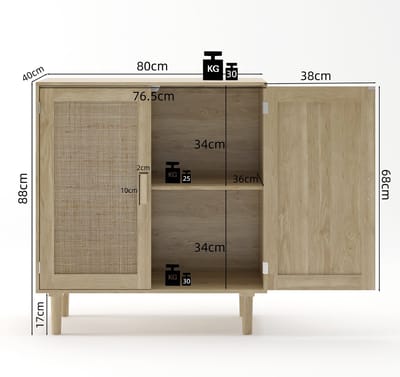 STILVORA Opbergkast - Met Rotan Deuren En Open Vakken - Voor Woonkamer Hal En Eetkamer - MDF En Hout - 80x40x88 Cm - Natuurlijk