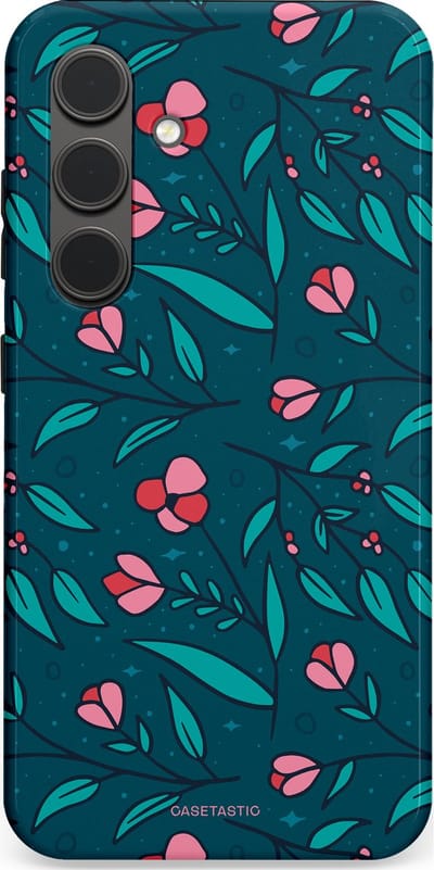 Casetastic hoesje geschikt voor Samsung Galaxy S24 - Dubbellaagse bescherming - Blauwe Groene Bloemenpracht - Fashion Case - Petrol Donkergrijs