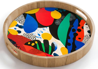 Dienblad rond 40x40 cm - Schootdienblad hout - Abstract - Planten - Vormen - Kleurrijk - Borrelplank rechthoek - Plateau houten dienbladen