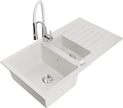 Mexen Matias granieten gootsteen 1,5 kamer met afdruiprek en keukenmengkraan Aster, wit - 6502-20-73450-02